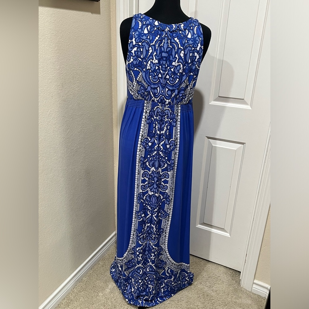 SOMA INTIMATE MAXI HALTER DRESS Blue and White ABSTRACT FLORAL PRINT SIZE L - Picture 7 of 12